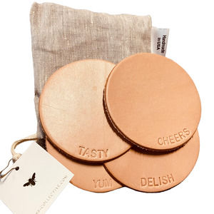 NWT Brass Collective Hand Pressed Natural Tan Leather Coasters Set of 4
